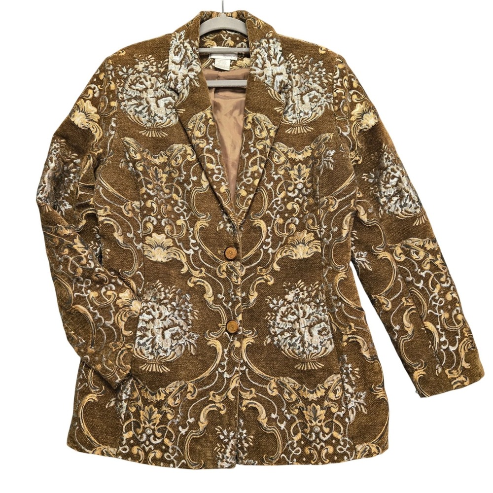 Tapestry Blazer Women 12 Brown Gold Floral Chenille Damask Jacket